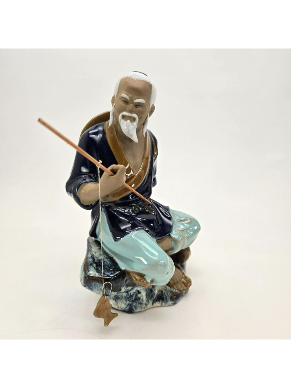 Mudman Figurine Elderly Fisherman On Rock Holding Fishing Rod Vintage Art JE137